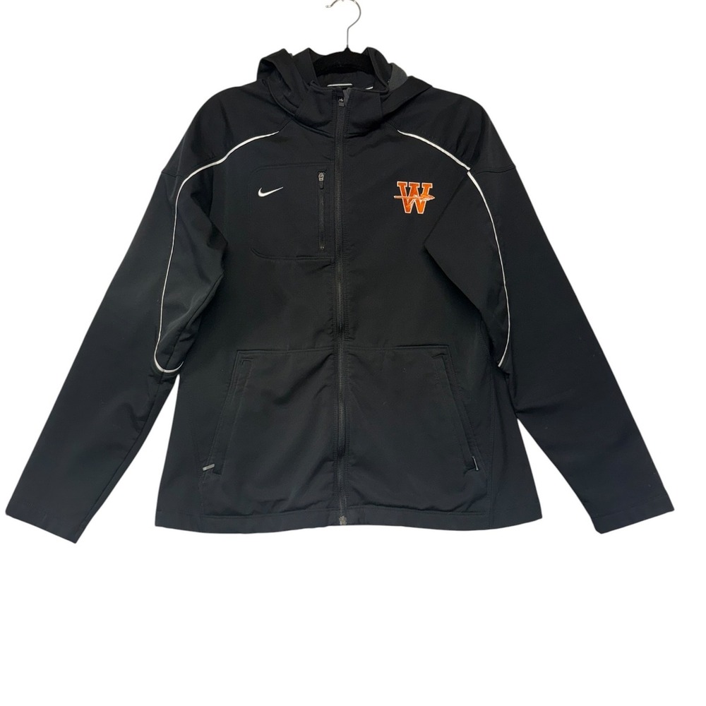 Nike Womens Softshell Hooded Jacket Black Full Zip Fleece Lined Sz M Embroidered